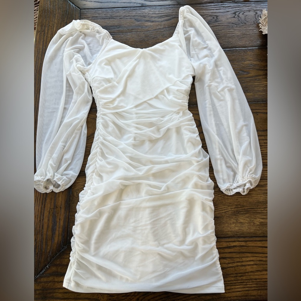 White, ruched long sleeve dress
